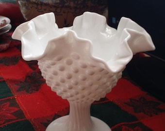 White Fenton Hobnail Footed Vintage Milk glass Vase, White Fenton Footed Candy Dish, Fenton Compote, Footed Bowl, by colonialcrafts on Etsy