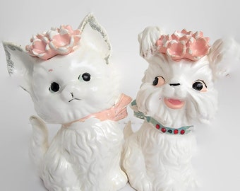 Pair of Rare Vintage White Kitten and Puppy Coin Banks with Coral/Pink Flowers Porcelain Cat  Dog Figurines Collectible Coin Bank Collector