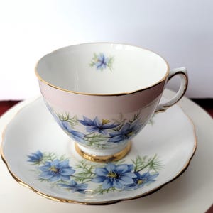Teacup and Saucer Set Bone China Blue Flowers Yellow Center Nigell Pattern Colclough Made in England Replacement China Tea Party Supply Gift