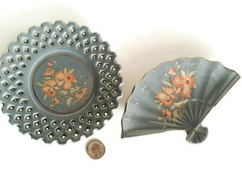 Porcelaine Japonais Fan Dish and Plate Made in Japan Ceramic Fan Tray Trinket Dish Plate Gray Peach Orchid Flowers by colonialcrafts on Etsy