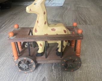 Giraffe Pull Toy Handmade Wooden Circus Train Car Vintage Miniature Cart Collectors Display