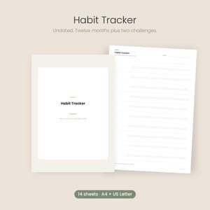 Può includere: Un set di monitoraggio delle abitudini con una pagina di copertina e un foglio di tracciamento con righe di piccole caselle per le voci giornaliere. Il testo recita Habit Tracker, Undated. Twelve months plus two challenges. 14 fogli A4 e US Letter.