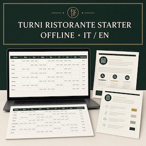Op de afbeelding: Een digitaal sjabloon voor personeelsplanning in een restaurant op een laptopscherm en op papier, met de tekst TURNI RISTORANTE STARTER OFFLINE IT / EN, inclusief kolommen voor namen, dagen van de week en totaaluren in donkergroen en wit.
