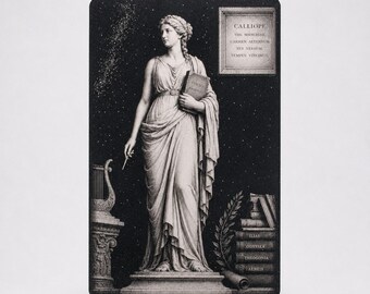 Tarjeta metálica grabada de Calliope, musa de la poesía épica, numerada a mano, regalo de estilo Dark Academia, regalo para escritores, tarjeta de bolsillo con lema en latín, regalo para poetas.
