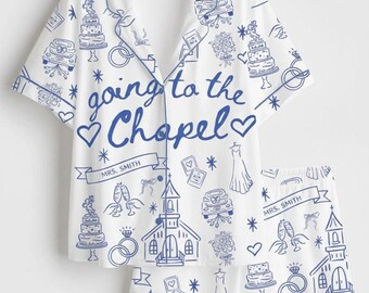 Bridal Pajama Set, Wedding Sleepwear, Bride To Be Lounge Set, Wedding Chapel Print, Bridal Shower Gift