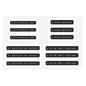 Planche d'autocollants « Ce que dit Claude » | Autocollants humoristiques pour ordinateur portable de développeur IA | Tu as tout à fait raison | Cadeau pour programmeur et développeur Vibe Coding