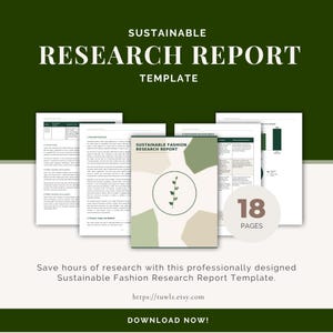 Op de afbeelding: Een digitaal sjabloon voor een duurzaam onderzoeksrapport met 18 pagina's. Het document bevat een voorpagina met een plantafbeelding, tekstsecties en gegevensgrafieken. Het ontwerp gebruikt een kleurenpalet van donkergroen, lichtgroen en beige.