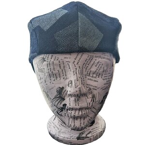 May include: A dark blue denim cap featuring a geometric pattern of alternating light and dark denim fabric panels. The cap has a structured crown and a flat top, constructed from multiple stitched segments that create a distinct angular design.