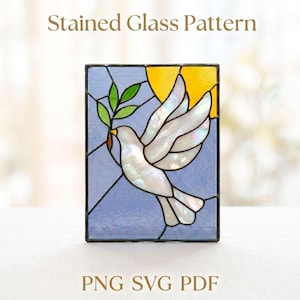 May include: A rectangular stained glass pattern featuring a white dove with iridescent wings holding a green olive branch. The background includes a yellow sun and light blue sky segments. The text Stained Glass Pattern and PNG SVG PDF appear.