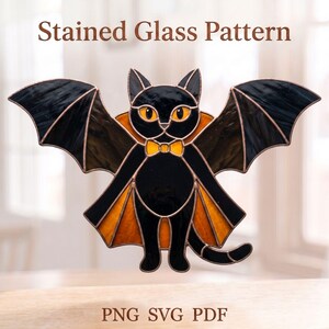 May include: A stained glass pattern featuring a black cat with bat wings, orange eyes, and a yellow bow tie. The cat wears an orange-lined cape. The text Stained Glass Pattern is at the top, and PNG SVG PDF is at the bottom of the image.