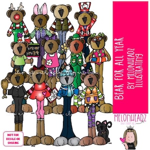 May include: A set of 13 colorful cartoon bears wearing different outfits and holding various objects. The bears are standing in a row, with a black cat and a girl with a crown at the bottom of the image. The text "BEAR FOR ALL YEAR BY MELONHEADZ ILLUSTRATING" is written in pink on a white background.