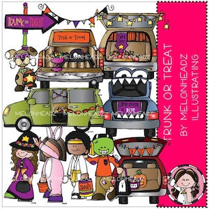 Op de afbeelding: Een illustratie van een groep kinderen in Halloween-kostuums die snoepjes verzamelen bij gedecoreerde auto's. De auto's zijn versierd met Halloween-thema's, zoals geesten, pompoenen en vleermuizen. De tekst "TRUNK OR TREAT" staat in grote, vetgedrukte letters aan de rechterkant van de afbeelding.