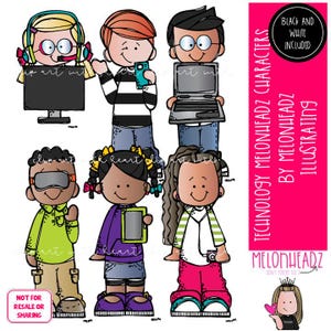Teknik-clip art, Melonheadz-karaktärer, bärbar dator, mini-surfplatta