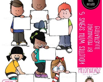 May include: A digital illustration featuring six diverse children holding blank white rectangular signs. The characters wear colorful clothing including shirts in blue, yellow, teal, and red stripes. A pink sidebar contains the text KIDLETTES WITH SIGNS 5.