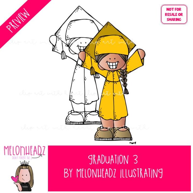 May include: A cartoon illustration of a graduate in a yellow cap and gown, arms raised in celebration. A black and white outline of the graduate is behind the color illustration. The image includes the text "GRADUATION 3 BY MELONHEADZ ILLUSTRATING."