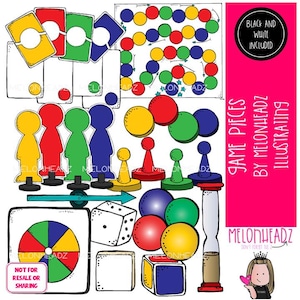 May include: A collection of colorful game pieces, including pawns, dice, game boards, cards, and spinners. The pieces are in various colors like red, yellow, green, and blue. The image includes the text "GAME PIECES BY MELONHEADZ ILLUSTRATING".