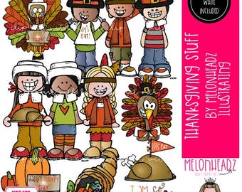 May include: A set of Thanksgiving clip art featuring cartoon children dressed in pilgrim and Native American costumes. The clip art includes a turkey, cornucopia, pumpkin, and other Thanksgiving-themed elements. The text "Let's eat!" and "I am so thankful" are included in the image.