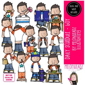 May include: A collection of cartoon illustrations depicting a boy engaged in various daily activities. The images include the boy brushing his teeth, reading, eating, and playing. The illustrations are in a colorful, cartoon style with the text "DAILY SCHEDULE - BOY".