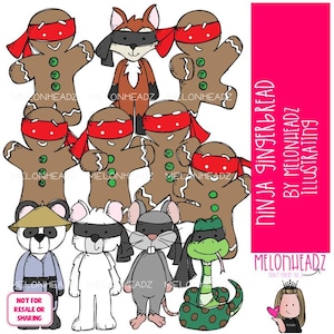 May include: A collection of cartoon ninja characters, including gingerbread men, a fox, a panda, mice, and a snake. The gingerbread men wear red headbands. The image includes the text "NINJA GINGERBREAD BY MELONHEADZ ILLUSTRATING."