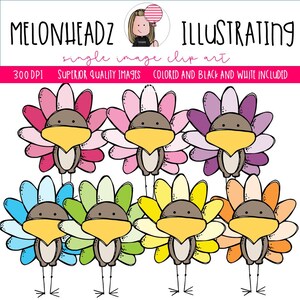 Op de afbeelding: Set van acht kleurrijke clip art afbeeldingen van kalkoenen. Elke kalkoen heeft een bruin hoofd, een gele snavel en zwarte ogen. De kalkoenen zijn in verschillende kleuren, waaronder roze, paars, lichtblauw, groen, geel en oranje.