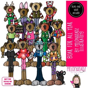 Könnte beinhalten: Ein Set mit 14 bunten Cartoon-Bären-Illustrationen, jede mit einem anderen Ausdruck und Outfit. Die Bären tragen verschiedene Accessoires, darunter Hüte, Schals und Sonnenbrillen. Der Text "Bear for All Year" ist in großen Buchstaben auf der rechten Seite des Bildes geschrieben.