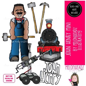 Könnte beinhalten: Eine Cartoon-Illustration mit einem Mann in blauen Overalls, einem Zug, Werkzeugen und dem Text "John Henry Mini". Das Bild enthält einen Hammer, eine Spitzhacke und einen mechanischen Bohrer. Ein rosa Rechteck auf der rechten Seite trägt den Text "Schwarz und Weiß enthalten".