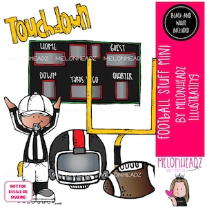 May include: A cartoon illustration featuring football-themed elements. Includes a referee, helmet, football, and a scoreboard with the word "Touchdown" above. The image also contains the text "Football Stuff Mini by Melonheadz Illustrating."