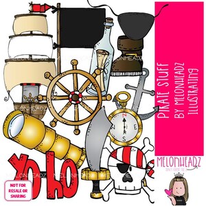 Pirate Stuff clip art, ship, compass, message in a bottle COLORED Version