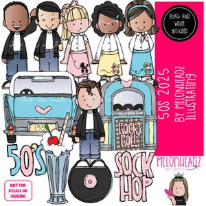 Könnte beinhalten: Ein Set mit Clipart-Illustrationen zum Thema der 50er Jahre mit einem Oldtimer, einem Jukebox, einer Schallplatte, einem Milchshake und fünf Kindern in Kleidung aus den 1950er Jahren. Der Text "50's Sock Hop" ist im Bild enthalten.