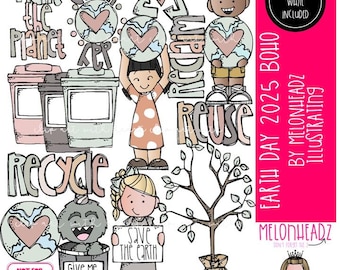 Könnte beinhalten: Eine Sammlung von Illustrationen zum Thema Earth Day mit den Wörtern "Plant the Planet", "Recycle" und "Reuse". Das Bild zeigt Kinder, die die Erde halten, einen Baum und eine Mülltonne mit einem Monster. Der Text "Earth Day 2025 Boho" ist ebenfalls vorhanden.