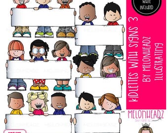 May include: A digital illustration set titled Kidlettes with Signs 3 by Melonheadz Illustrating, featuring diverse cartoon children holding blank white rectangular signs. A pink sidebar includes the text Black and White Included and Not for Resale.