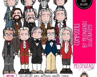 Könnte beinhalten: Illustration von Comicfiguren von Komponisten in historischen Kostümen. Der Text „COMPOSERS BY MELONHEADZ ILLUSTRATING“ und „BLACK AND WHITE INCLUDED“ sind enthalten. Die Namen der Komponisten sind unten im Bild aufgeführt.