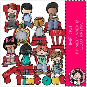 May include: A cartoon illustration showing children in 'time out' on red chairs. The image includes a clock and the words 'Time Out' in colourful letters. The style is playful and suitable for educational resources.