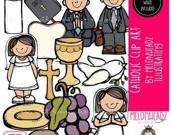 May include: A collection of Catholic-themed digital illustrations featuring two children in formal attire, a Bible, a candle, a chalice, a dove with an olive branch, a cross, a host, and a bunch of grapes, with text reading Catholic Clip Art by Melonheadz.
