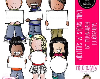 May include: A digital illustration set titled KIDLETTES W SIGNS MINI BY MELONHEADZ ILLUSTRATING featuring five diverse cartoon children holding blank white rectangular or circular signs. A pink sidebar includes the text BLACK AND WHITE INCLUDED.