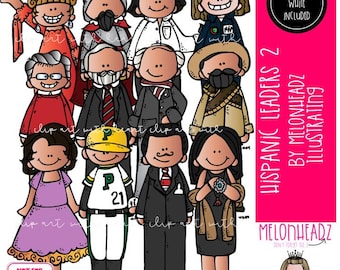 Könnte beinhalten: Eine farbenfrohe digitale Illustration mit Cartoon-Figuren hispanischer Führungspersönlichkeiten. Das Bild zeigt verschiedene Charaktere in unterschiedlichen Outfits, mit dem Text "Hispanic Leaders 2 by Melonheadz Illustrating". Das Bild enthält auch den Text "Black and White Included".