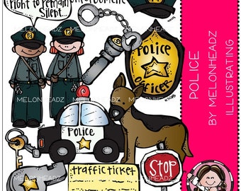 May include: A set of clip art images related to police officers. The images include two police officers, a police car, a police dog, a police badge, handcuffs, a flashlight, a traffic ticket, a stop sign, and a police officer with a speech bubble that says "You have the right to remain silent".