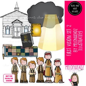 May include: A digital illustration featuring a church, a bed, a Holy Bible, and several figures. The image includes text that reads "First Vision Set 2 by Melonheadz Illustrating." The color palette includes shades of brown, beige, and black.