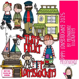 Clip art di Pippi Calzelunghe, clip art letteraria 2025 francobolli digitali Versione COLORATA