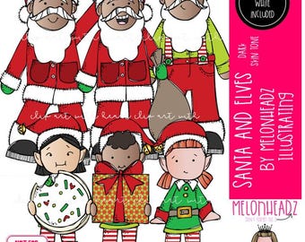 Puede incluir: Clip art digital con figuras de Papá Noel con trajes rojos y elfos con atuendos verdes. Las figuras de Papá Noel tienen barbas y sombreros blancos. Los elfos sostienen un regalo y una galleta. La imagen incluye el texto "Santa and Elves".
