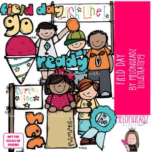 May include: A colorful illustration with the words "Field Day" and various cartoon children participating in activities. The image includes a finish line banner, a snow cone, and a "1st Place" ribbon. Text includes "Ready" and "Starting Line."