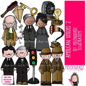 Puede incluir: Ilustraciones de clipart de héroes estadounidenses, incluyendo George Washington, Benjamin Franklin, Harriet Tubman y Martin Luther King Jr. Las ilustraciones son de estilo de dibujos animados y presentan colores brillantes. El texto "American Heroes 2 by Melonheadz Illustrating" también está incluido en la imagen.