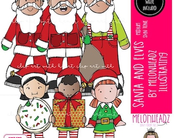 Puede incluir: Ilustración digital de Papá Noel y elfos. Las figuras de Papá Noel visten trajes y sombreros rojos con ribetes blancos. Los elfos visten trajes verdes y rojos. La imagen incluye el texto "SANTA AND ELVES" y "MELONHEADZ ILLUSTRATING".