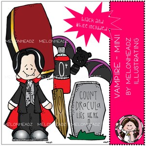 May include: A black and white illustration of a vampire with a red cape, a coffin, a wooden stake, a can of blood, a bat, and a tombstone that reads "Count Dracula Lies Here".