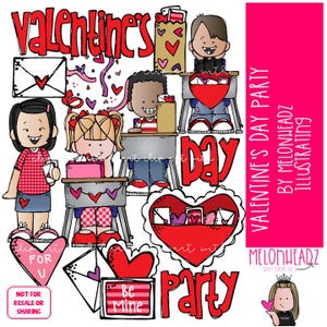 May include: Clip art illustration of children celebrating Valentine's Day. The illustration features a red heart with the words "Valentine's Day Party" and a group of children exchanging gifts and cards. The illustration is in a cartoon style and features bright colours.
