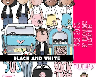 50's clip art, 1950, poodle skirt 2025 BLACK AND WHITE