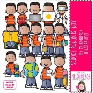 May include: Clip art illustration of a diverse group of boys representing different school subjects. The boys are holding items related to their subjects, such as a book, a globe, a pencil, and a magnifying glass. The text "School Subjects Boy" is written on the right side of the image.