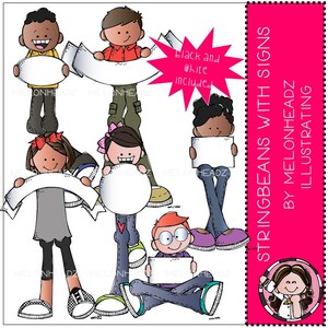 Op de afbeelding: Zwart-witte clip art illustratie van zes kinderen die lege borden vasthouden. De borden zijn in verschillende vormen en maten. De tekst "zwart-wit inbegrepen" staat in een spraakballon.