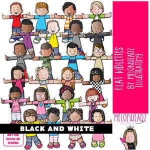 Imágenes prediseñadas de Kidlettes planas Imágenes prediseñadas de niños planos Imágenes prediseñadas de Book Companion Conjunto GIGANTE BLANCO y NEGRO