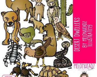 Illustraties Desert Animal Dwellers, kameel, schorpioen GEKLEURDE versie